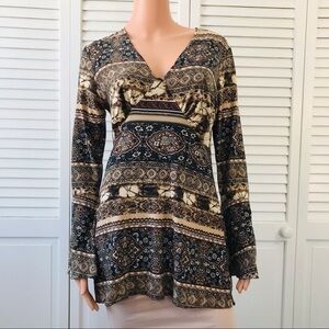 2/$25 SUSAN LAWRENCE Brown Black Printed V-Neck Shirt Size Medium